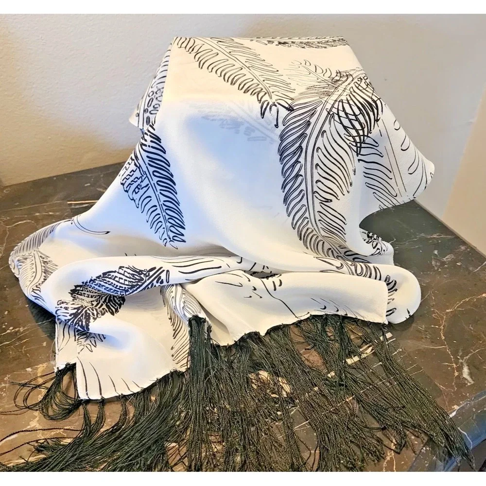 Allison W Black and White Feather Print Silk Oblong scarf  48